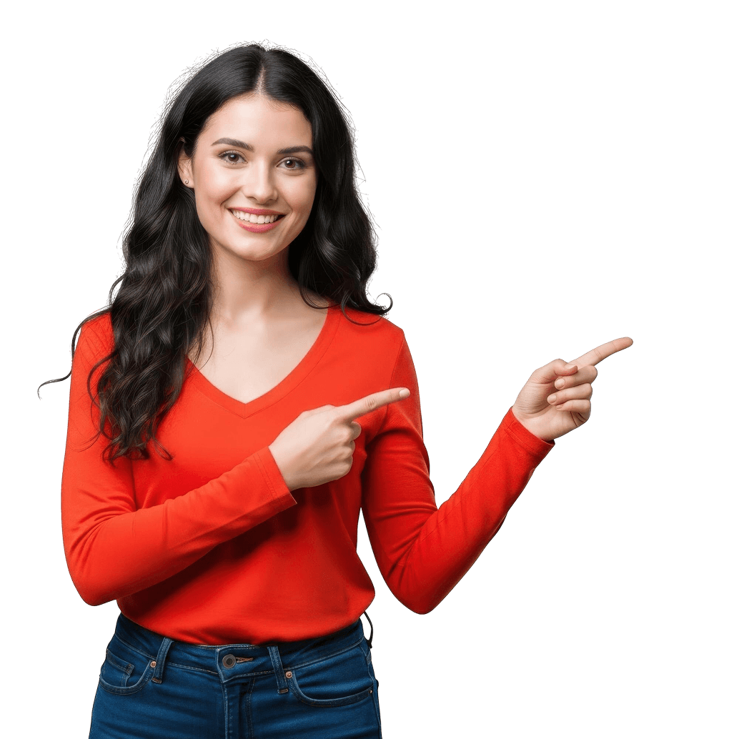 A smiling woman pointing to a custom plan
